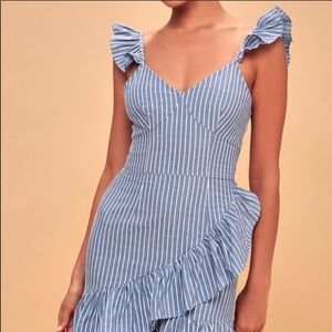 THE FIFTH LABEL BLUE FRILLY STRIPED DRESS